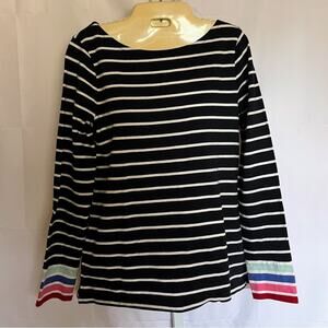 Talbots M Navy Stripe Cotton Sweater Rainbow Cuff Nautical Preppy Coastal Colors